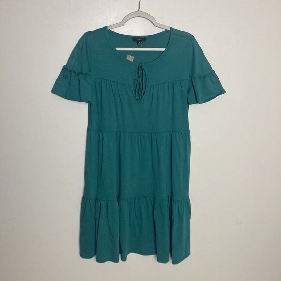 NWT J. Crew Broken-in Jersey Tiered Mini Dress Deep Patina Green Women’s Small - Picture 1 of 11